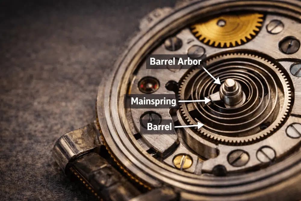 Labeled diagram of a watch movement showing the barrel, mainspring, and barrel arbor components